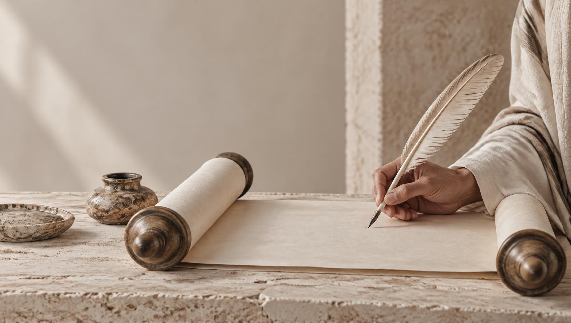 A scribe's hand holding a feather quill above parchment