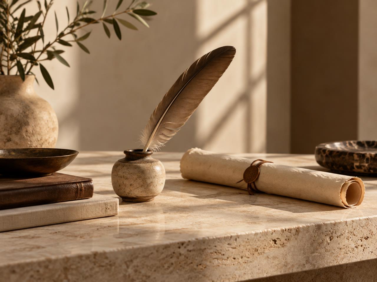 A scribe's desk with quills, ink and parchment